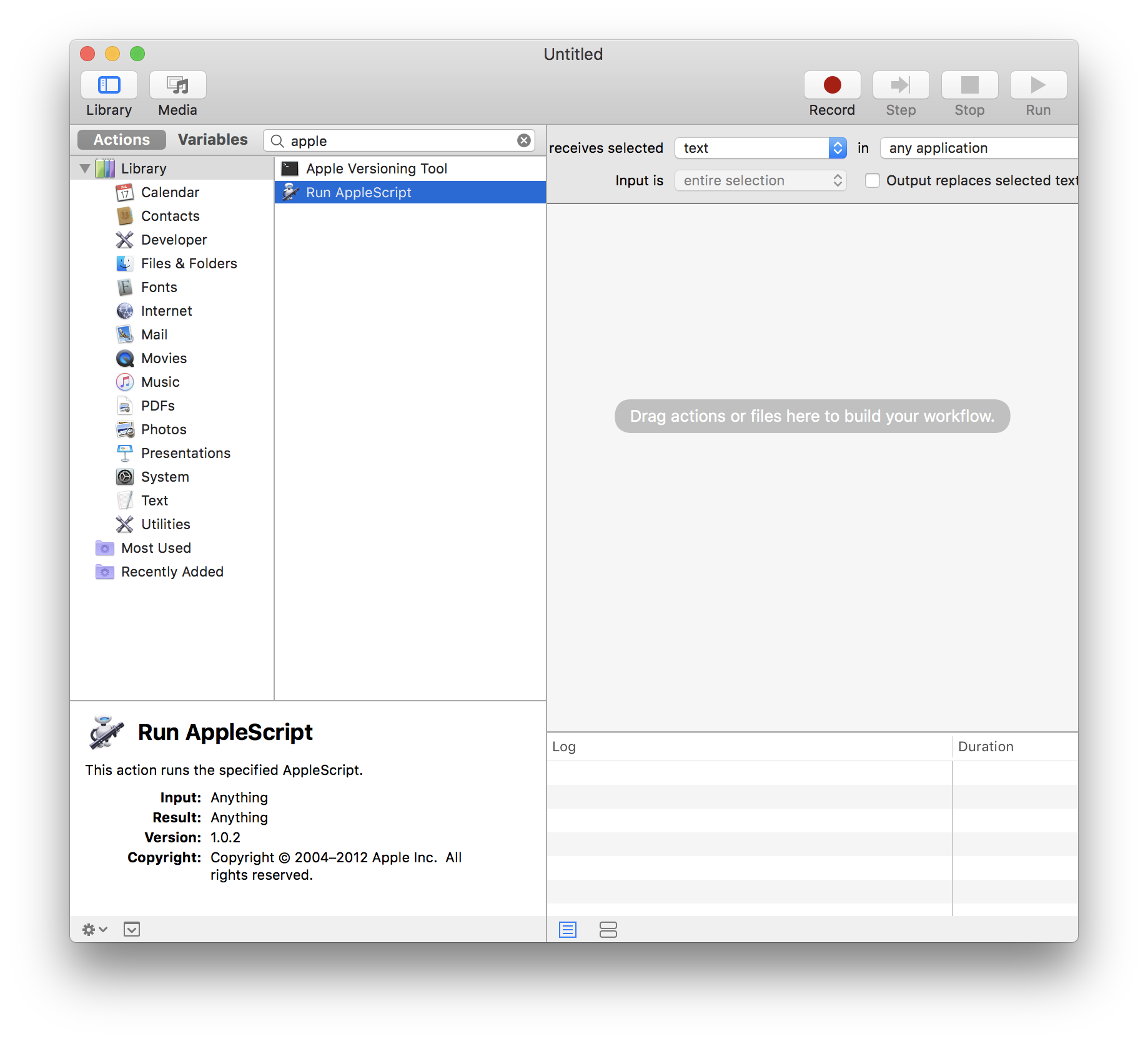 Search for action "Run AppleScript", and then drag it to the right-hand-side